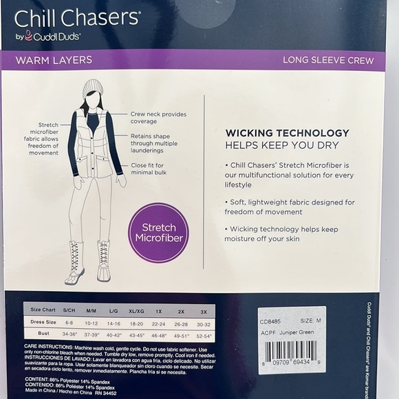 Cuddl Duds Chill Chasers Stretch Microfiber Long Sleeve Crew Top CD8485 Green - Picture 3 of 5
